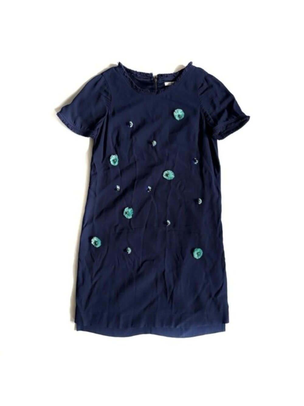 Boden Navy Blue with Turquoise Embroidered Detail Short Sleeve Shift Dress - 2